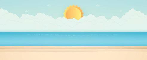 periodo estivo, paesaggio marino, paesaggio, mare blu con spiaggia, nuvole e sole splendente, stile paper art vettore