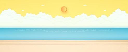 ora legale, paesaggio marino, paesaggio, mare blu con spiaggia, sole splendente e cielo soleggiato arancione, stile cartaceo vettore