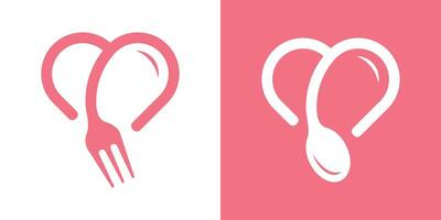 logo design amore cibo, cucchiaio forchetta e cuore minimalista icona vettore illustrazione