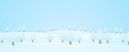 paesaggio invernale, alberi sulla collina e neve che cade, stile paper art vettore