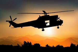 silhouette di un' combattere elicottero a tramonto, lato Visualizza, puma nel francese esercito, vettore disegno può essere Usato per ragnatela, etichetta, toppa, logo, illustrazione e Infografica