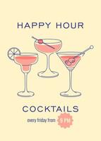 moderno piatto contento ora cocktail Stampa. colorato sfondo con cocktail occhiali. bar, bar e ristorante concetto manifesto e ragnatela striscione. vettore illustrazione.