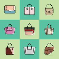 collezione di 9 donne sera festa borse o borse vettore illustrazione. bellezza moda oggetti icona concetto. impostato di ragazze moda borse vettore design isolato su colorato sfondo.