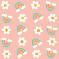 modello con carino poco sorridente fiori e arcobaleni nel kawaii stile con un' rosa sfondo pronto per Stampa magliette, tazze e Di Più vettore
