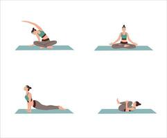 impostato di giovane donna fare yoga esercitazione isolato bianca sfondo piatto vettore illustrazione. yoga a casa per salutare vita.
