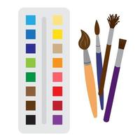 colori artistici e quattro pennelli, forniture artistiche per pittura e disegno. illustrazione vettoriale in stile piatto cartone animato. insieme di arte. materiali per la creatività dei bambini e degli adulti