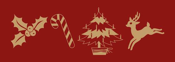 impostato di Natale e nuovo anno icone e simboli su un' rosso sfondo. renna, caramella canna, agrifoglio frutti di bosco, Natale albero. decorativo elementi per festivo design di inverno vacanze.vettore illustrazione. vettore