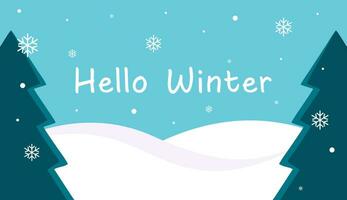 Ciao inverno, un' blu sfondo con i fiocchi di neve e alberi, inverno vettore sfondo, sfondo illustrazioni con inverno neve tema