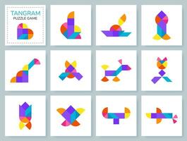 tangram puzzle gioco per bambini. colorato geometrico collezione con isolato oggetti, animali, trasporto, uccelli. tangram foglia. vario icone su bianca sfondo. vettore illustrazione