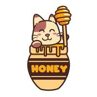 carino adorabile contento Marrone gatto mangiare miele cartone animato scarabocchio vettore illustrazione piatto design stile