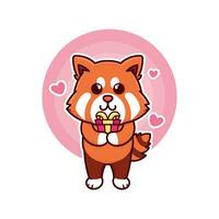 contento rosso panda e regalo scatola compleanno adorabile cartone animato scarabocchio vettore illustrazione piatto design stile