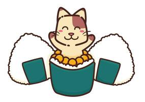 carino adorabile contento Marrone gatto mangiare giapponese cucina strada cibo Sushi e onigiri cartone animato scarabocchio vettore illustrazione piatto design stile