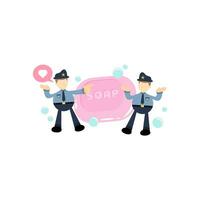 polizia e sapone disinfettante igiene cartone animato piatto design illustrazione vettore