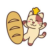 carino adorabile contento Marrone gatto mangiare Grano pane cartone animato scarabocchio vettore illustrazione piatto design stile