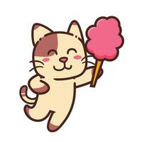 carino adorabile contento Marrone gatto mangiare morbido cotone caramella cartone animato scarabocchio vettore illustrazione piatto design stile