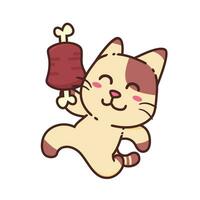 carino adorabile contento Marrone gatto correre mangiare Manzo carne personaggio cartone animato scarabocchio vettore illustrazione piatto design stile