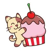 carino adorabile contento Marrone gatto mangiare Cupcake con rosa crema cartone animato scarabocchio vettore illustrazione piatto design stile