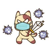 carino adorabile contento Marrone gatto uccidere corona virus infezione combattimento uso spada piatto design etichetta isolato vettore
