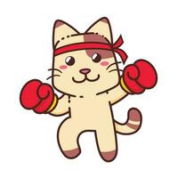 carino adorabile contento Marrone gatto uso rosso boxe guanto cartone animato scarabocchio vettore illustrazione piatto design stile