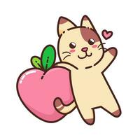 carino adorabile contento Marrone gatto mangiare rosa pesca frutta succoso cibo natura cartone animato scarabocchio vettore illustrazione piatto design stile