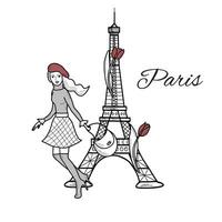 giovane in esecuzione ragazza nel berretto con un' Borsa su un' sfondo con eiffel Torre con tulipano fiori nel Parigi. vettore illustrazione, linea arte isolato.