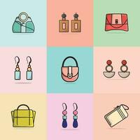 collezione di 9 donne sera festa borse e bellissimo orecchini gioielleria vettore illustrazione. bellezza moda oggetti icona concetto. impostato di donne moda design Accessori vettore design.
