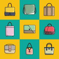 collezione di 9 donne moda frizione pelle borse o borse vettore illustrazione. bellezza moda oggetti icona concetto. impostato di moderno sera borse vettore design.