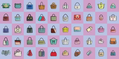collezione di 50 elegante le signore pelle borse o borse con nero maniglia vettore illustrazione. bellezza moda oggetti icona concetto. impostato di nuovo arrivo donne moda borse vettore design.