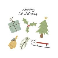 allegro Natale. cartone animato Natale albero, regali, slitta, mano disegno lettering vettore