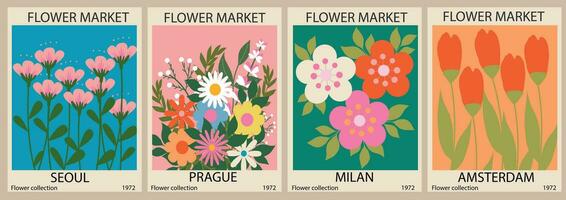 impostato di astratto fiore mercato manifesti. di moda botanico parete arti con floreale design nel luminosa colori. moderno ingenuo impaurito interno decorazioni. vettore arte illustrazione