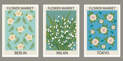 impostato di diverso fiore manifesti. moderno stile, di moda pastello colori. astratto margherita, papavero, calendula fiori. vettore colorato illustrazioni, Perfetto per parete arte, carte, copertine. vettore illustrazione