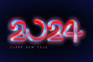 contento nuovo anno 2024 bandiera colorato splendore neon tubo. contento vacanza raggiante festivo luminoso numeri nel blu e rosso disegno, vettore illustrazione isolato su un' nero sfondo