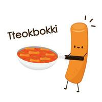 tteokbokki spaghetto vettore. tteokbokki personaggio design. speziato riso torta. vettore