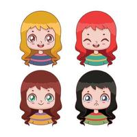 raccolta di avatar di ragazze carine con quattro diverse espressioni e combinazioni di colori vettore