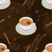 modificabile tre quarti superiore Visualizza bianca tazza masala chai con stella anice guarnizione e erba spezie vettore illustrazione senza soluzione di continuità modello con buio sfondo per Sud asiatico bevande cultura e tradizione