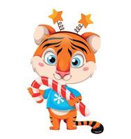 tigre del personaggio dei cartoni animati che tiene un grande bastoncino di zucchero vettore