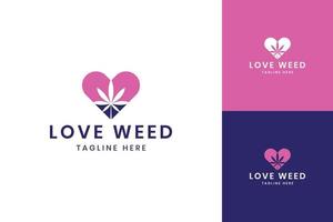 amo il design del logo dello spazio negativo della cannabis vettore