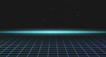 synthwave paesaggio con griglia, raggio di leggero su il orizzonte e stelle nel il sfondo. anni 80 galassia orizzonte. laser geometrico 3d grafico. anni 90 superare design. cyberpunk vibrazioni. futuristico neon disposizione. vettore