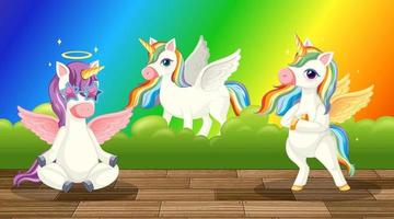 cartone animato pegaso su sfondo sfumato arcobaleno vettore