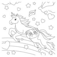 unicorno postino con un' Borsa di amore lettere. colorazione libro pagina per bambini. San Valentino giorno. cartone animato stile carattere. vettore illustrazione isolato su bianca sfondo.