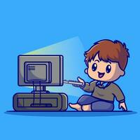 carino ragazzo Guardando tv cartone animato vettore icona illustrazione. persone tecnologia icona concetto isolato premio vettore. piatto cartone animato stile