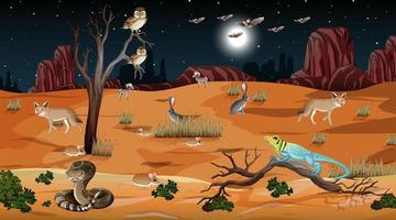 paesaggio della foresta del deserto alla scena notturna con animali selvatici vettore