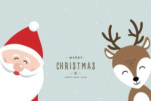 Santa e renna carino cartone animato allegro Natale lettering nevoso sfondo vettore