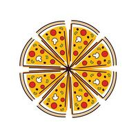 tritato Pizza icona. veloce cibo vettore illustrazione.iisolato su bianca sfondo. totale Pizza. non standard taglio. cipolla, basilico, fungo, salsiccia, spezie, pomodoro.