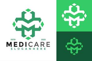 lettera m medico cura logo design vettore simbolo icona illustrazione