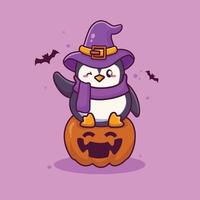 simpatico pinguino che indossa cappello strega seduta su zucca halloween cartoon vettore