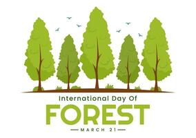 internazionale foresta giorno vettore illustrazione su 21 marzo con impianti, alberi, verde i campi e vario natura per economico silvicoltura nel sfondo