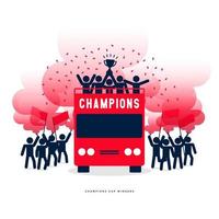 figure stilizzate della celebrazione dei campioni di calcio o di calcio della coppa del vincitore sugli autobus scoperti con un bagliore di fumo rosso. vettore