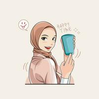 contento volta. viziato giovane signora nel hijab mostrando me un' freddo bere. vettore illustrazione