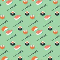 varietà di piatto giapponese Sushi con bacchette senza soluzione di continuità modello nel verde sfondo. vettore